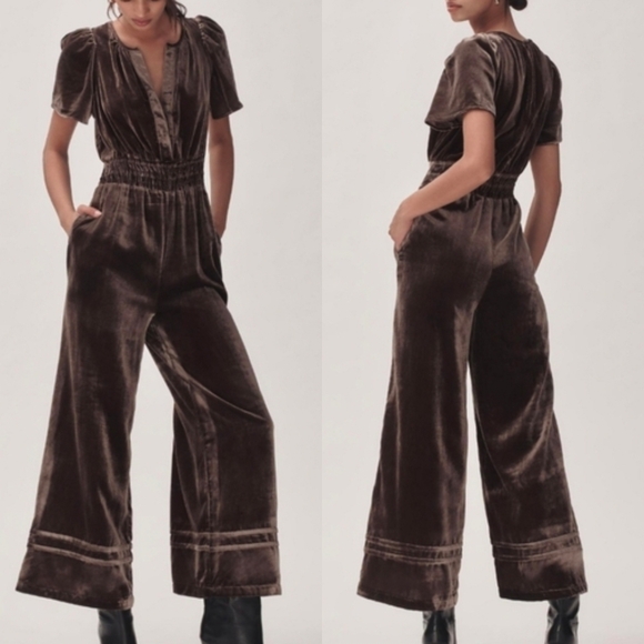Anthropologie Pants - $188 Anthropologie Somerset Jumpsuit Velvet Short Sleeve Wide Leg Brown Gold M